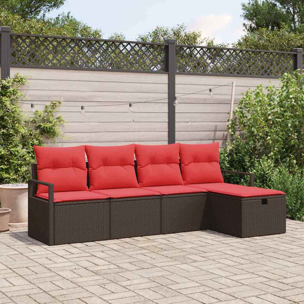 vidaXL Bankstel met kussen met opslag Bruin en Rood poly rattan