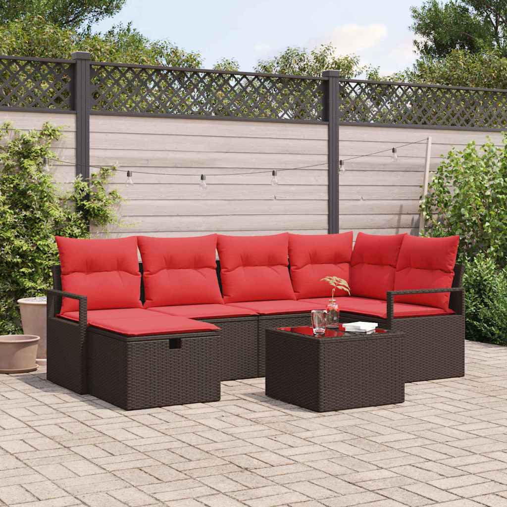 vidaXL Bankstel met kussen met opslag Bruin en Rood poly rattan