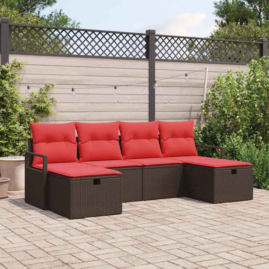 vidaXL Bankstel met kussen met opslag 6 pcs Bruin en Rood poly rattan