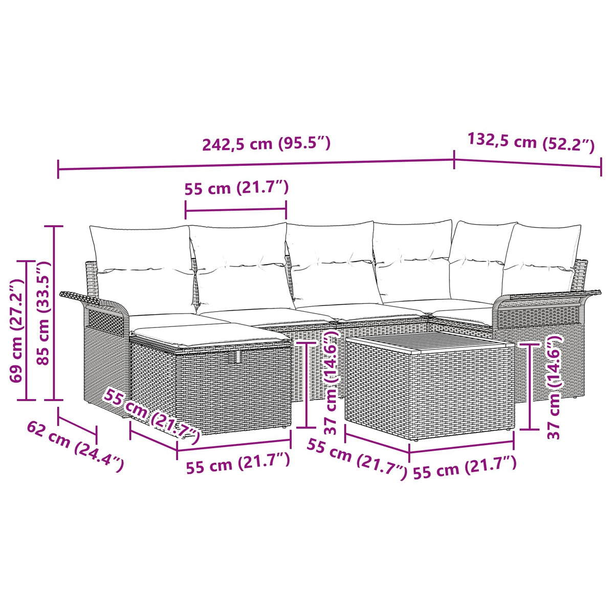 vidaXL Tuinbankenset met kussen met opslag 7 pcs Zwart poly rattan