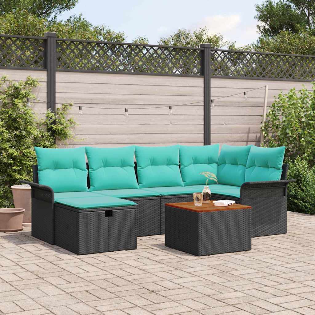 vidaXL Tuinbankenset met kussen met opslag 7 pcs Zwart poly rattan