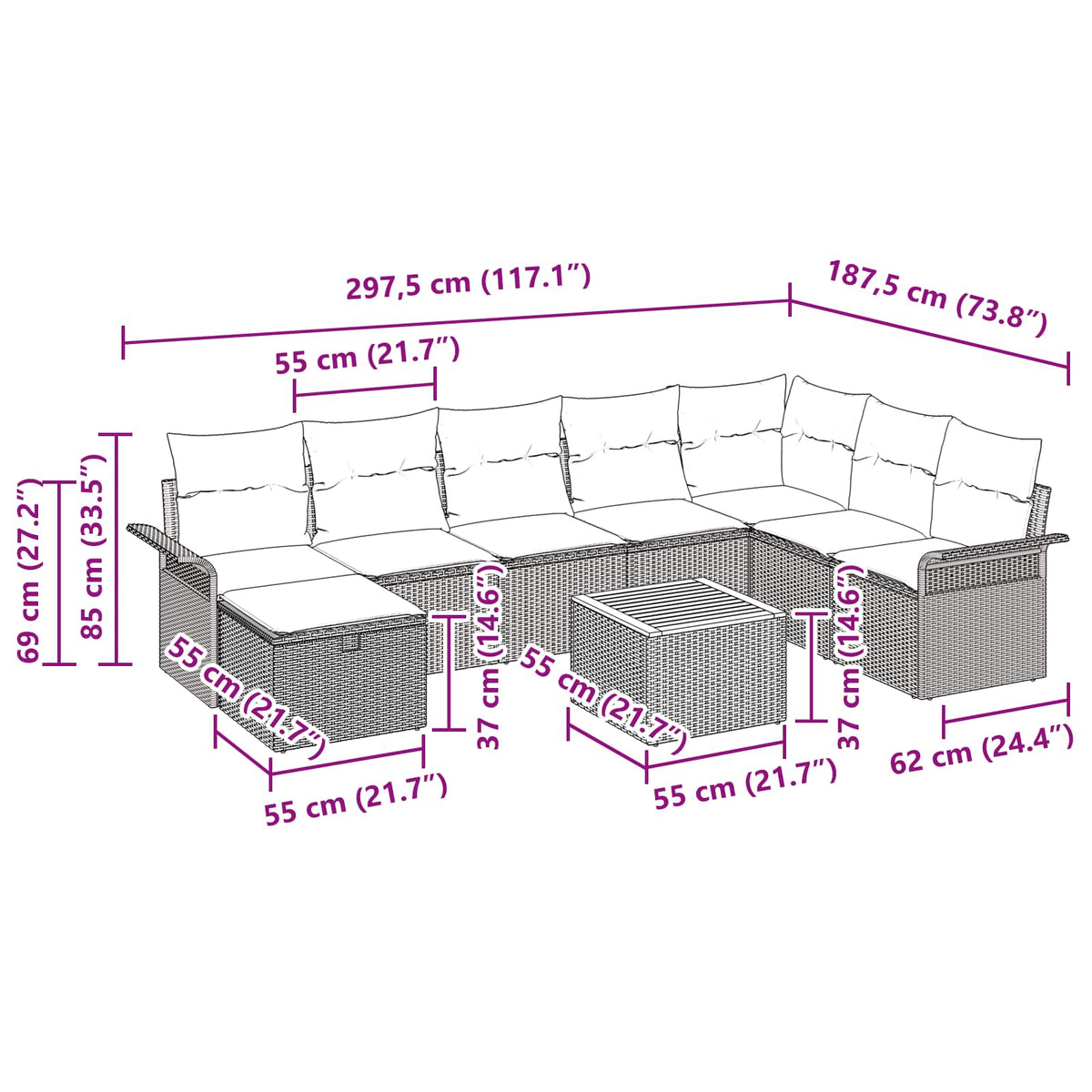 vidaXL Tuinbankenset met kussen met opslag 9 pcs Zwart poly rattan