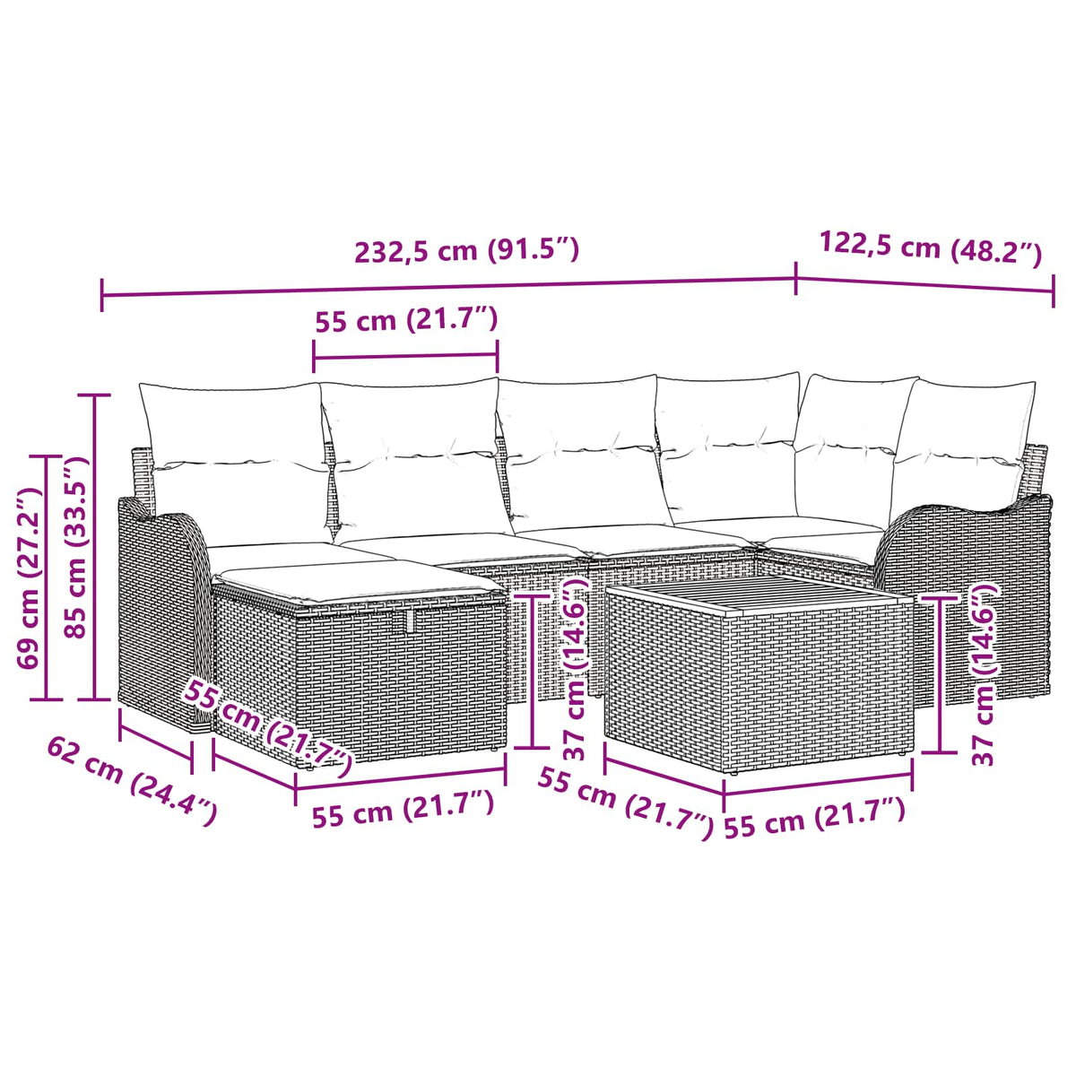 vidaXL Tuinbankenset 7 st Grijs poly rattan