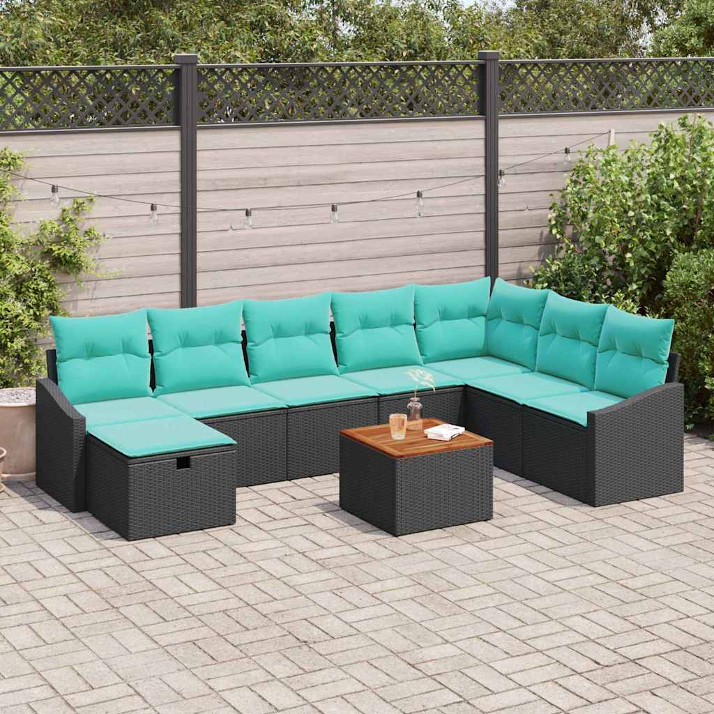 vidaXL Tuinbankenset met kussen met opslag 9 pcs Zwart poly rattan