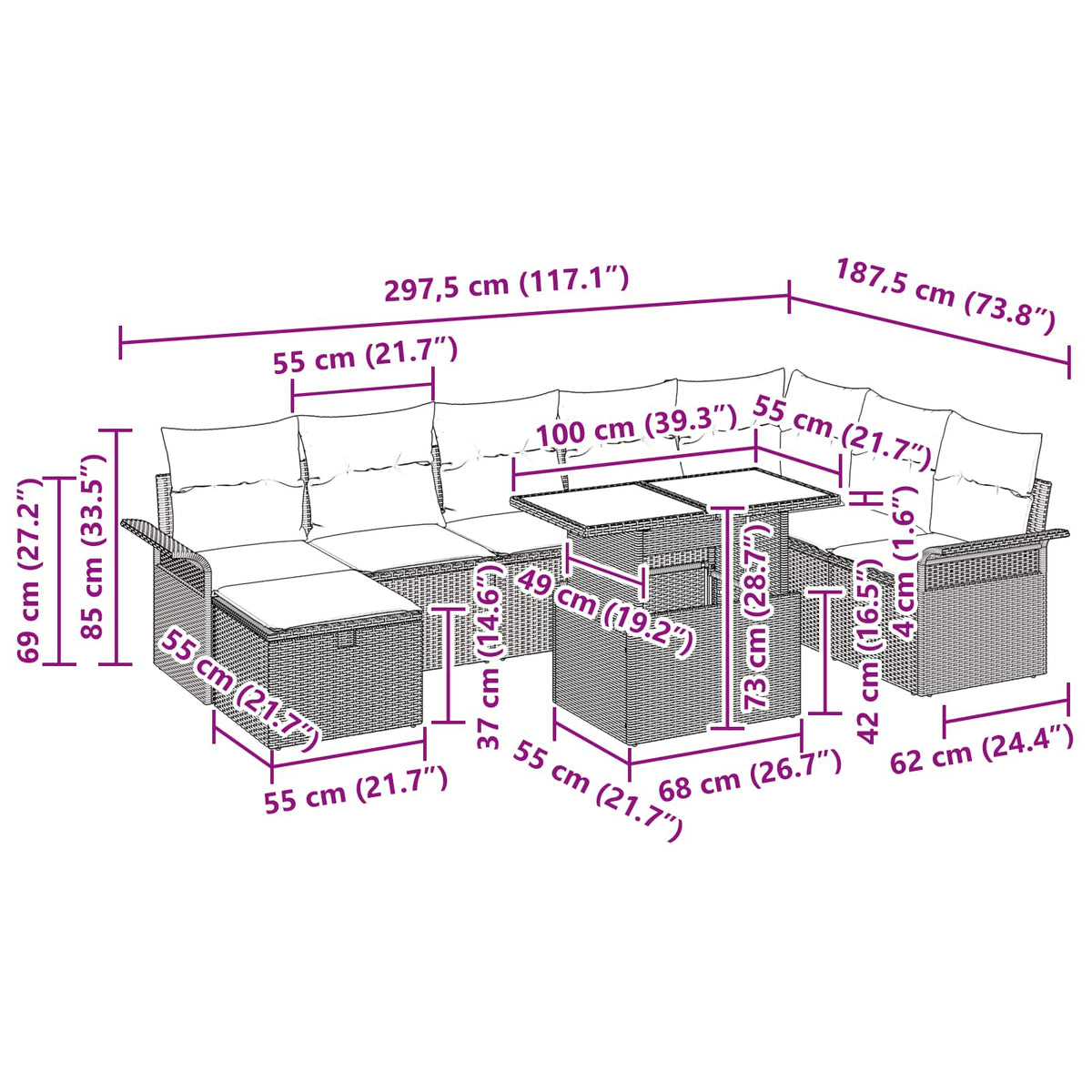 vidaXL Tuin Sofa Set met kussen met opslag 9 pcs Zwart Poly riet