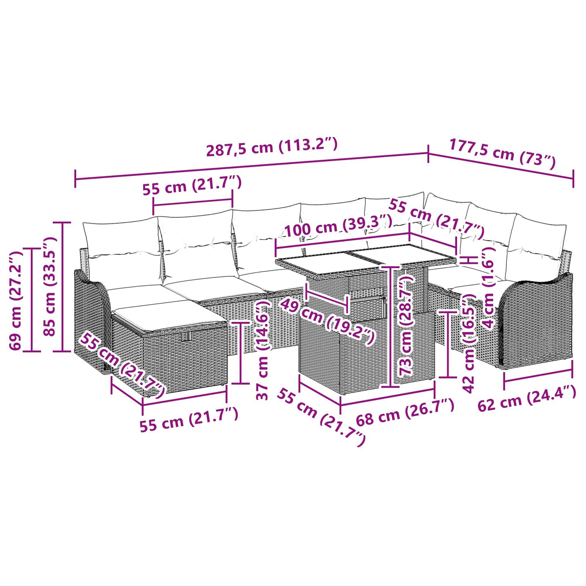 vidaXL Tuin Sofa Set met kussen met opslag 9 pcs Bruin Poly riet