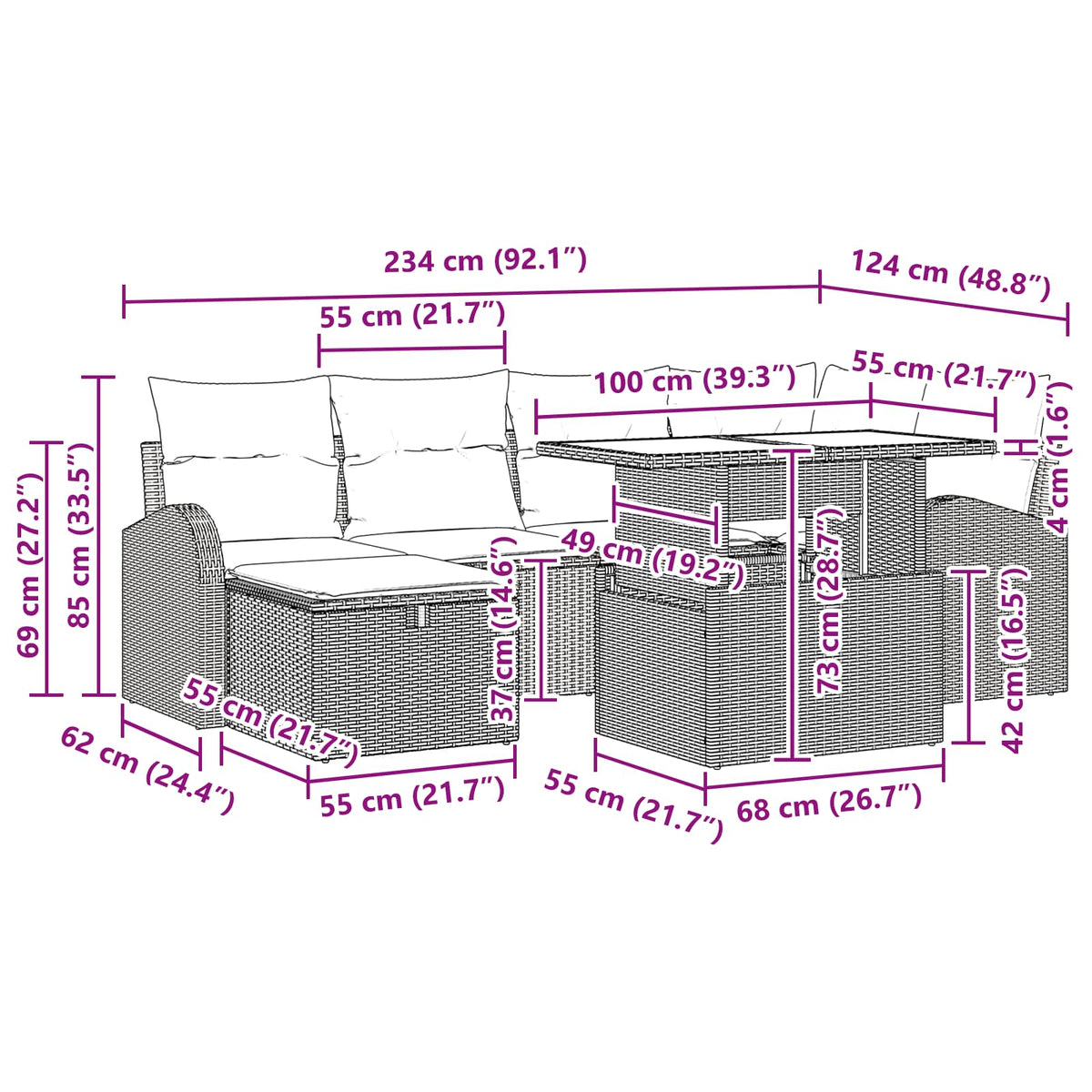 vidaXL Tuin Sofa Set met kussen met opslag 7 pcs Bruin Poly riet