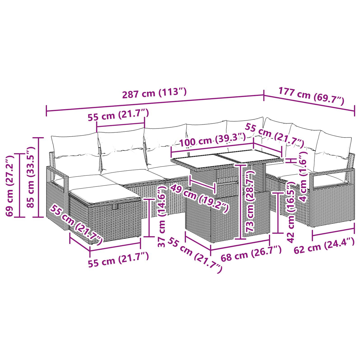 vidaXL Tuin Sofa Set met kussen met opslag 9 pcs poly rattan