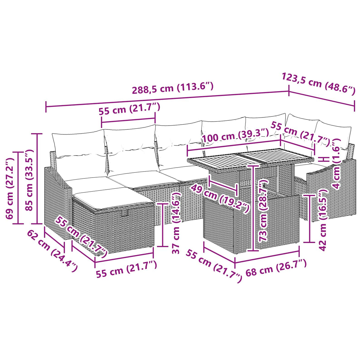 vidaXL Tuinbankenset met kussen met opslag 8 pcs Zwart poly rattan