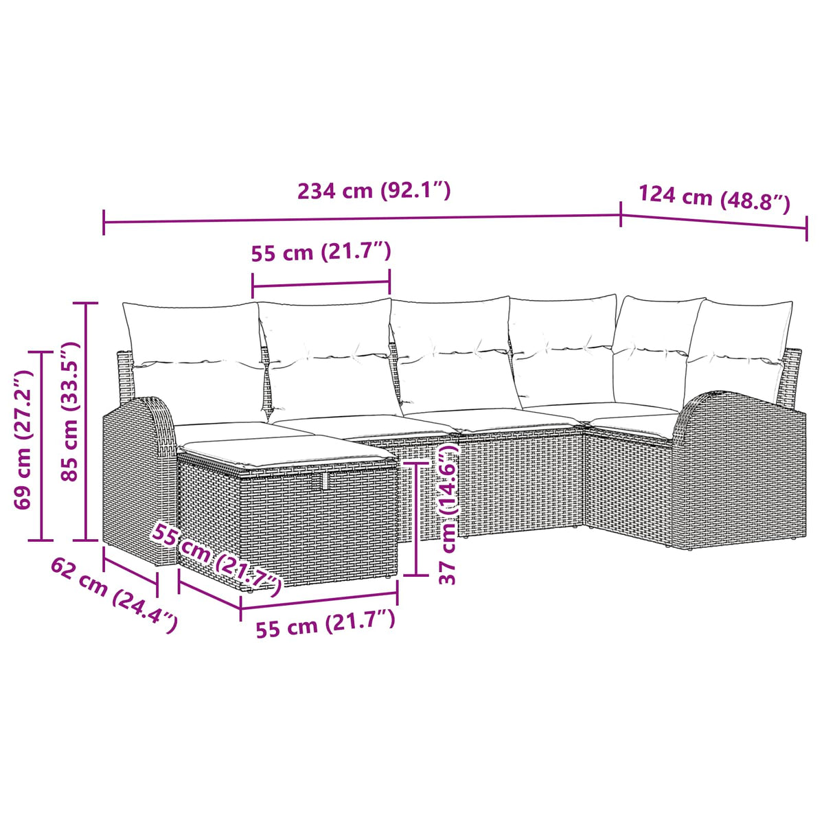 vidaXL Tuin Sofa Set met kussen met opslag 6 pcs Bruin poly rattan