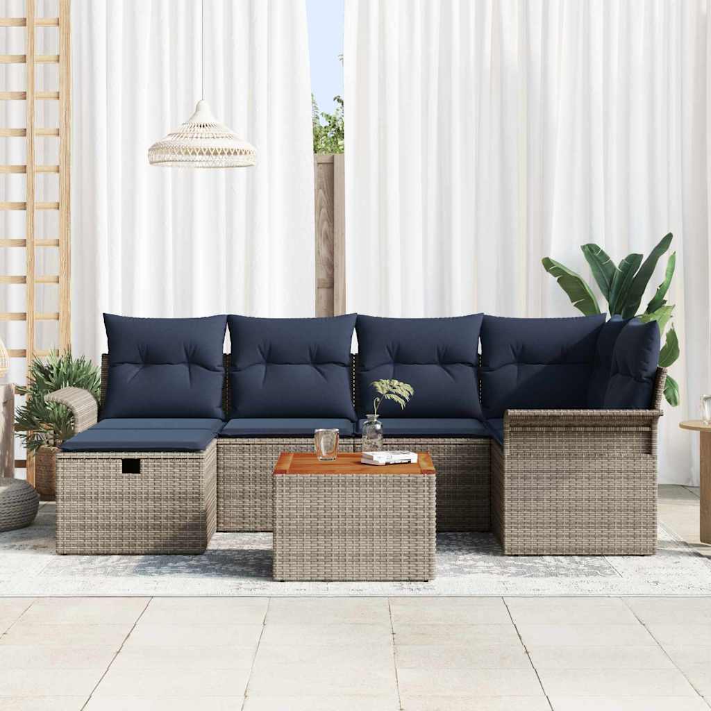 vidaXL Tuinbankenset met kussen met opslag 7 pcs Grijs Poly riet