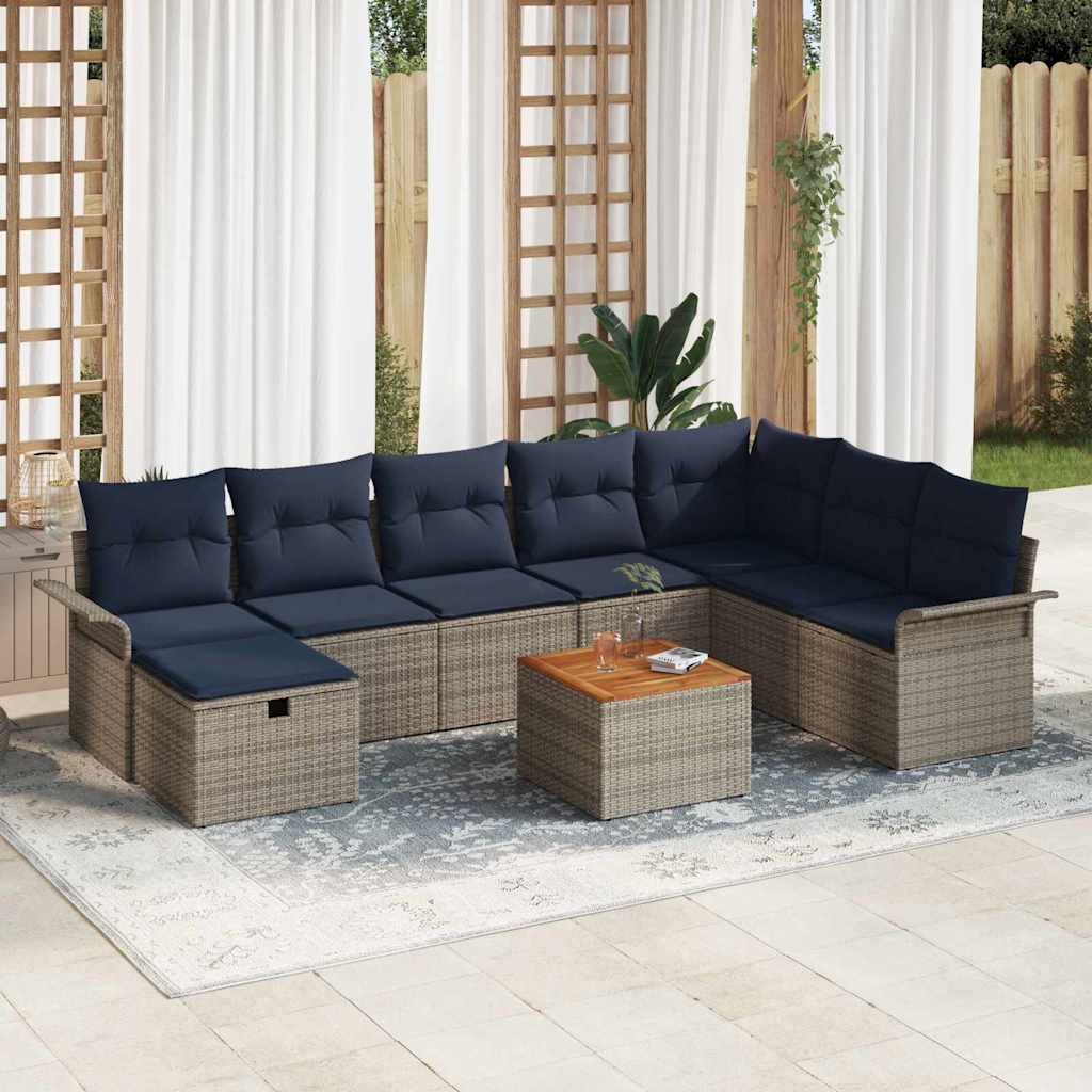 vidaXL Tuinbankenset met kussen met opslag 9 pcs Grijs Poly riet