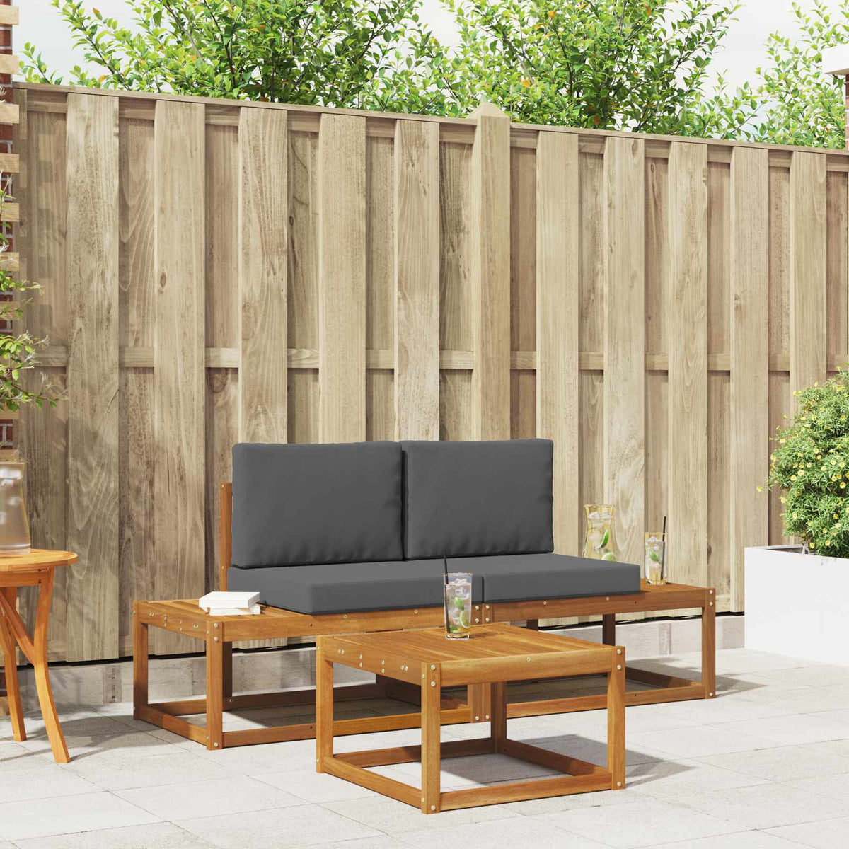 vidaXL Bankstel 3 pcs Naturel Massief Acaciahout en Polyester