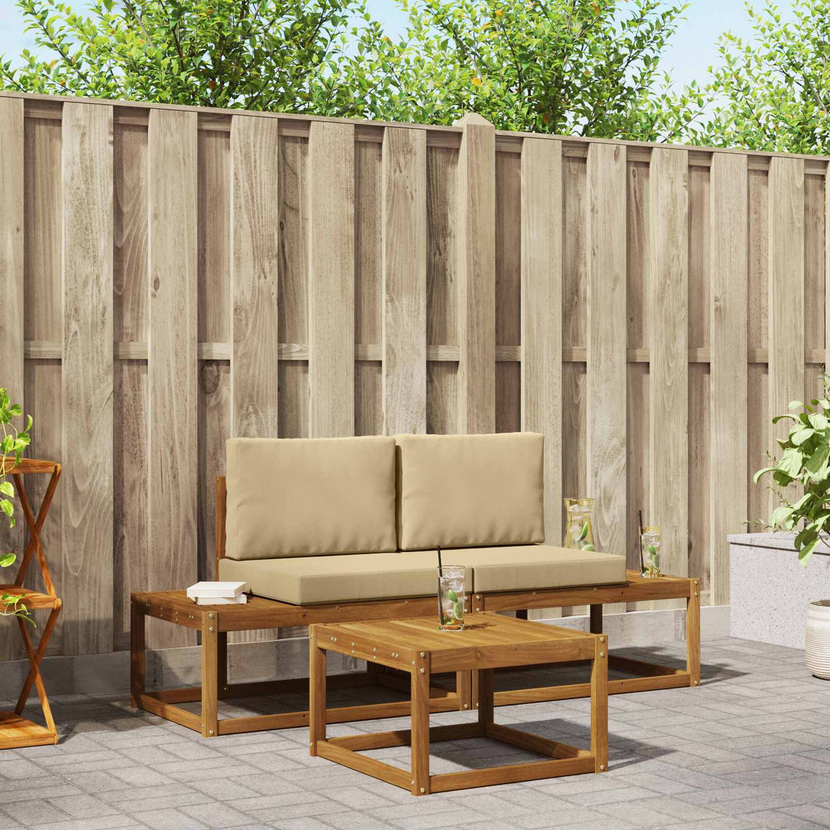 vidaXL Bankstel 3 pcs Naturel Massief Acaciahout en Polyester