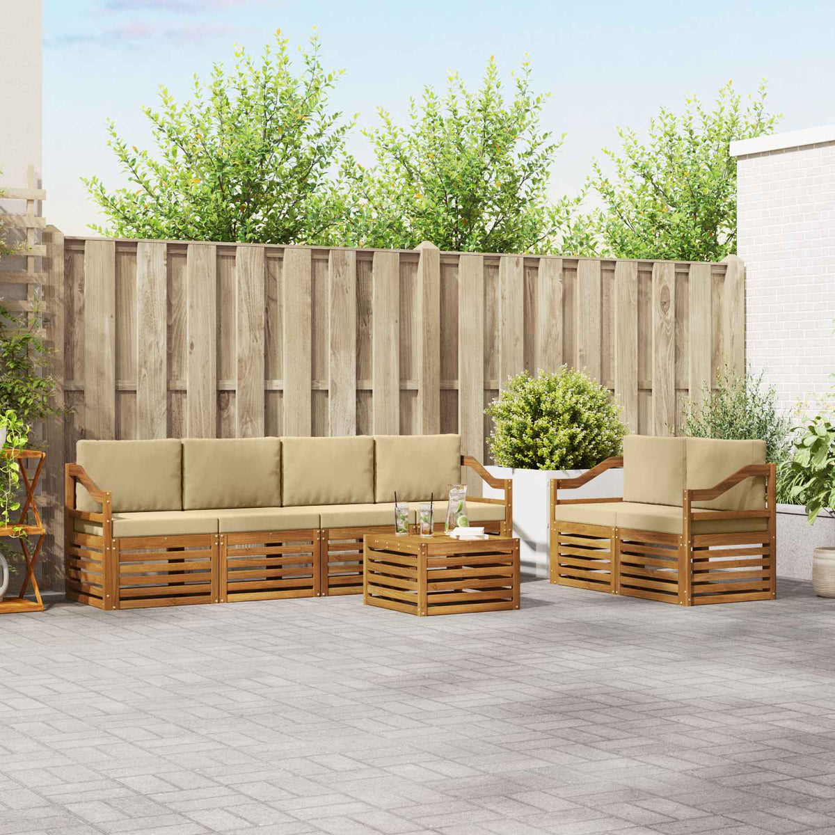vidaXL Sofa-Sets 7 pcs Natuurlijk en Crème Massief Acaciahout