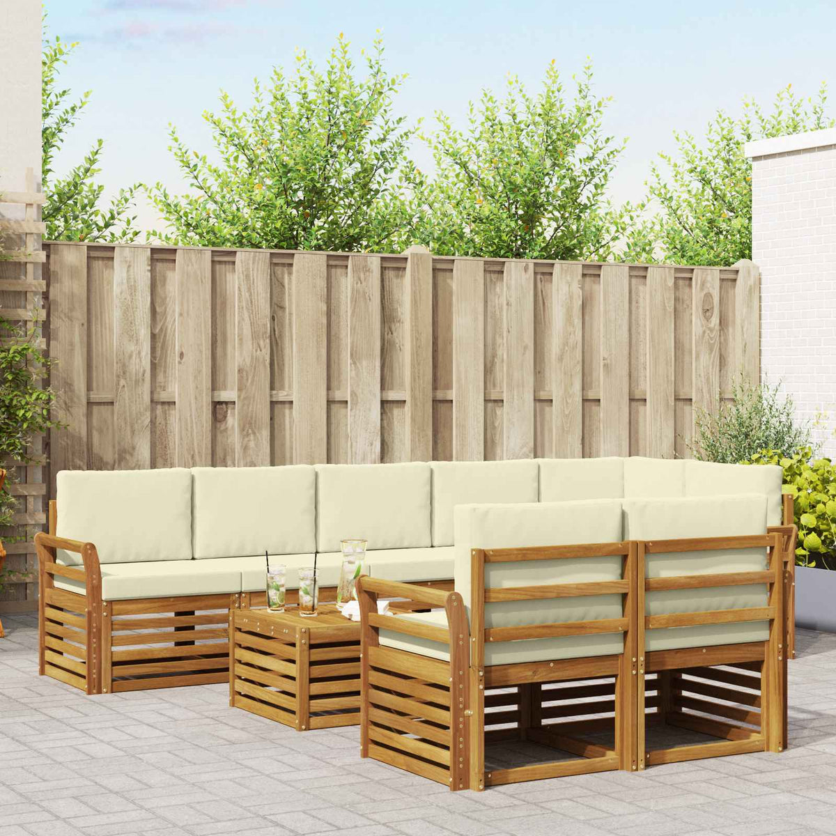 vidaXL Sofa-Sets 9 pcs Natuurlijk en Crème Massief Acaciahout
