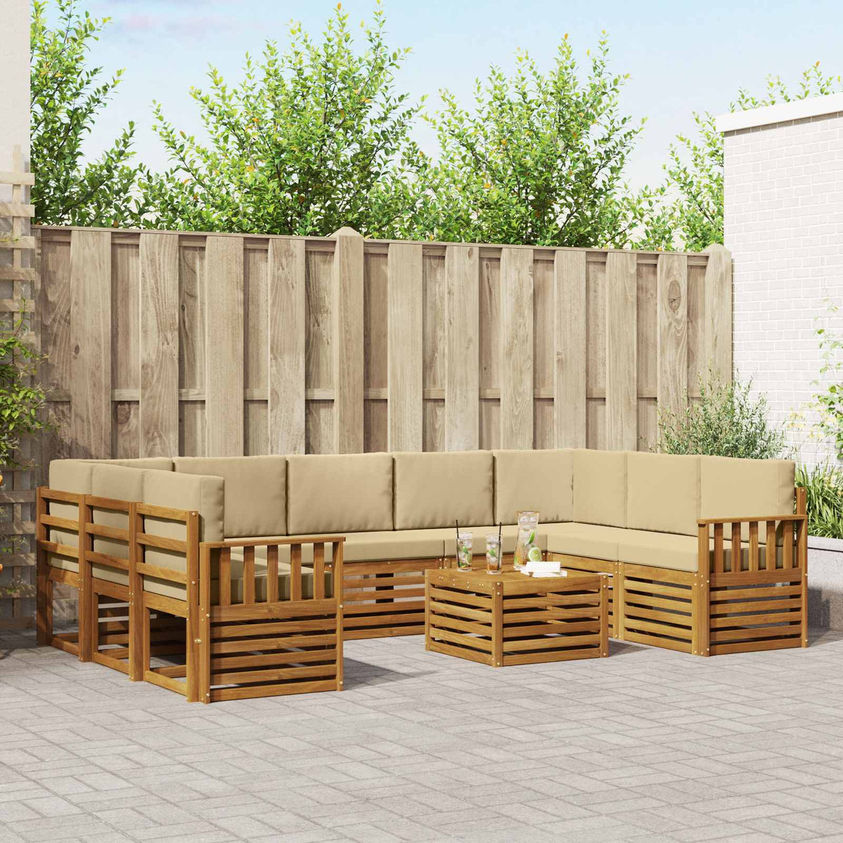 vidaXL Sofa-Sets 10 pcs Natuurlijk en Crème Massief Acaciahout