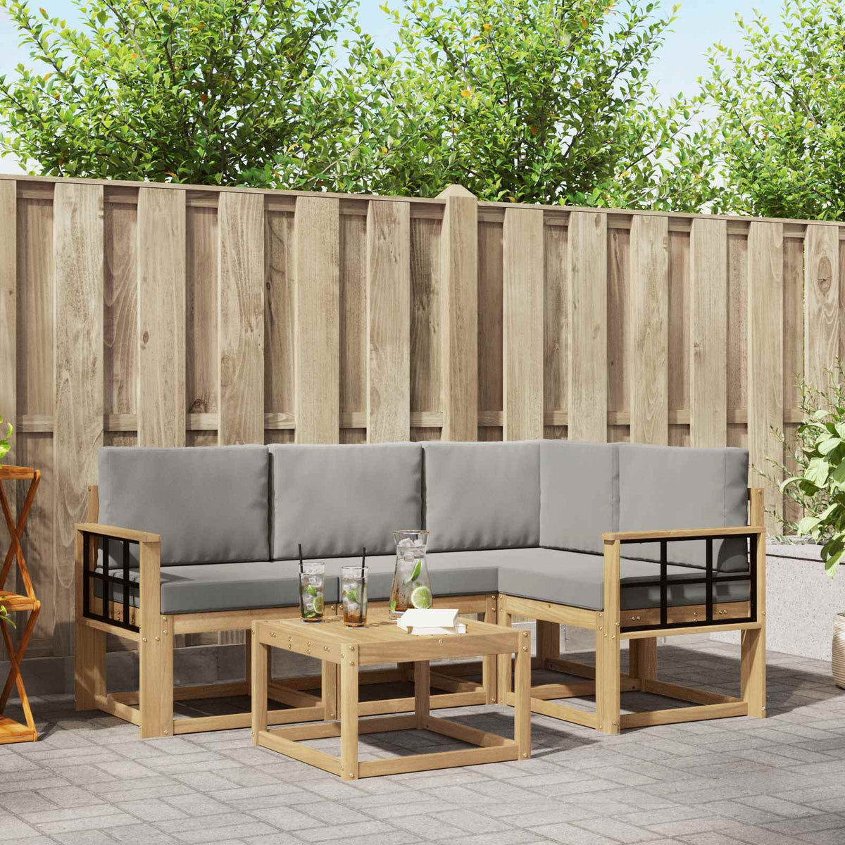 vidaXL Bankstel met kussen 5 pcs Natuurlijk en Lichtgrijs