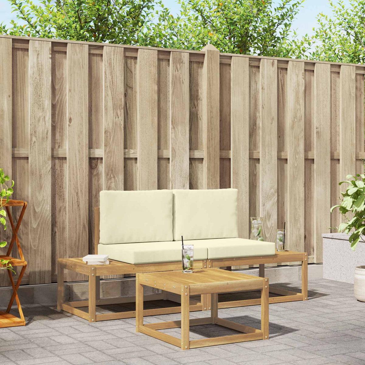 vidaXL Bankstel 3 pcs Naturel Massief Acaciahout en Polyester