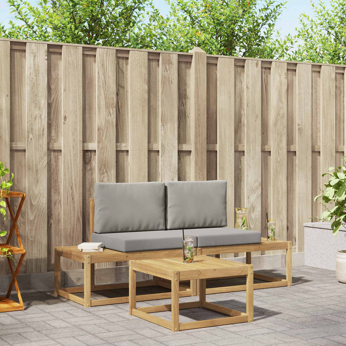 vidaXL Bankstel 3 pcs Naturel Massief Acaciahout en Polyester