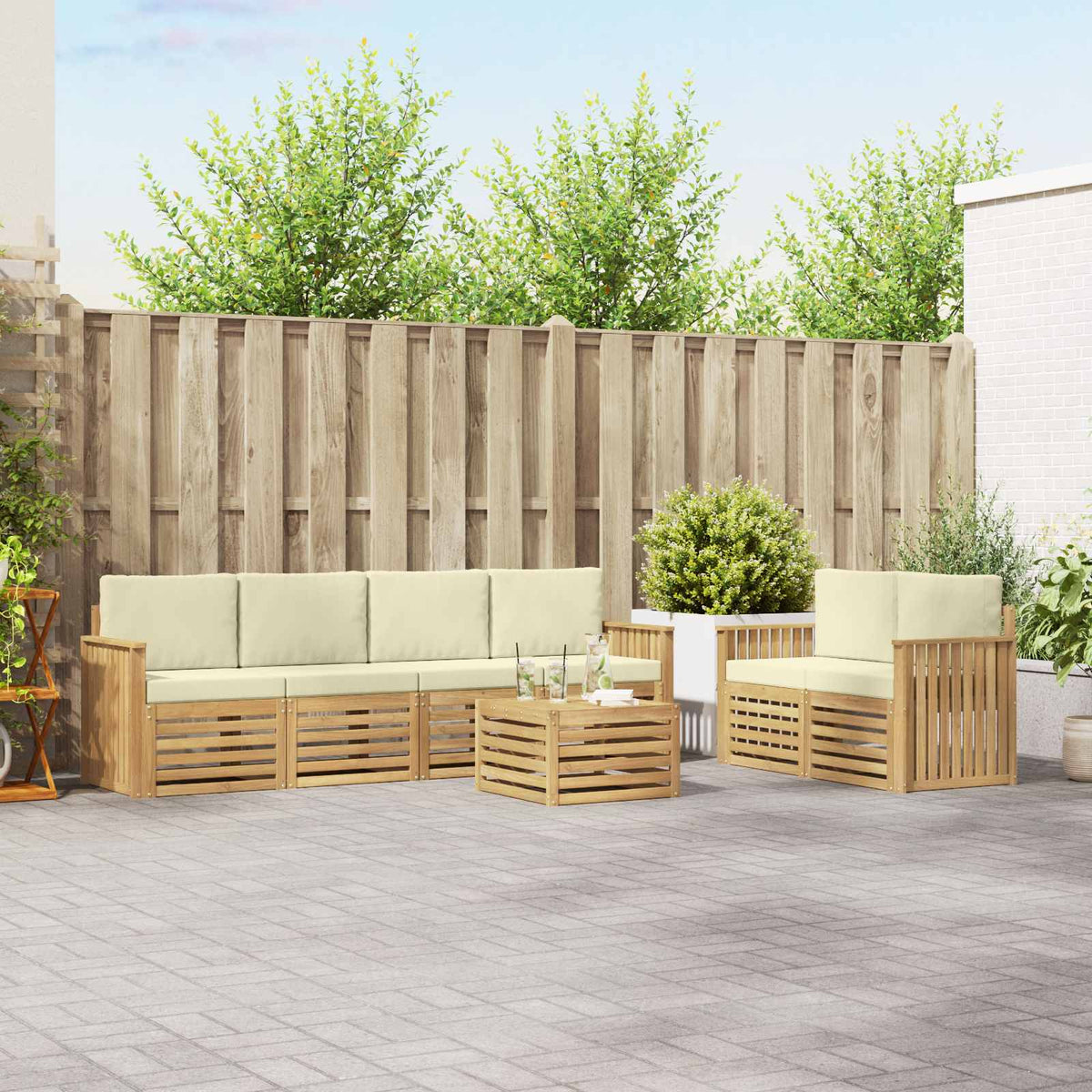 vidaXL Sofa-Sets 7 pcs Natuurlijk en Crème Massief Acaciahout