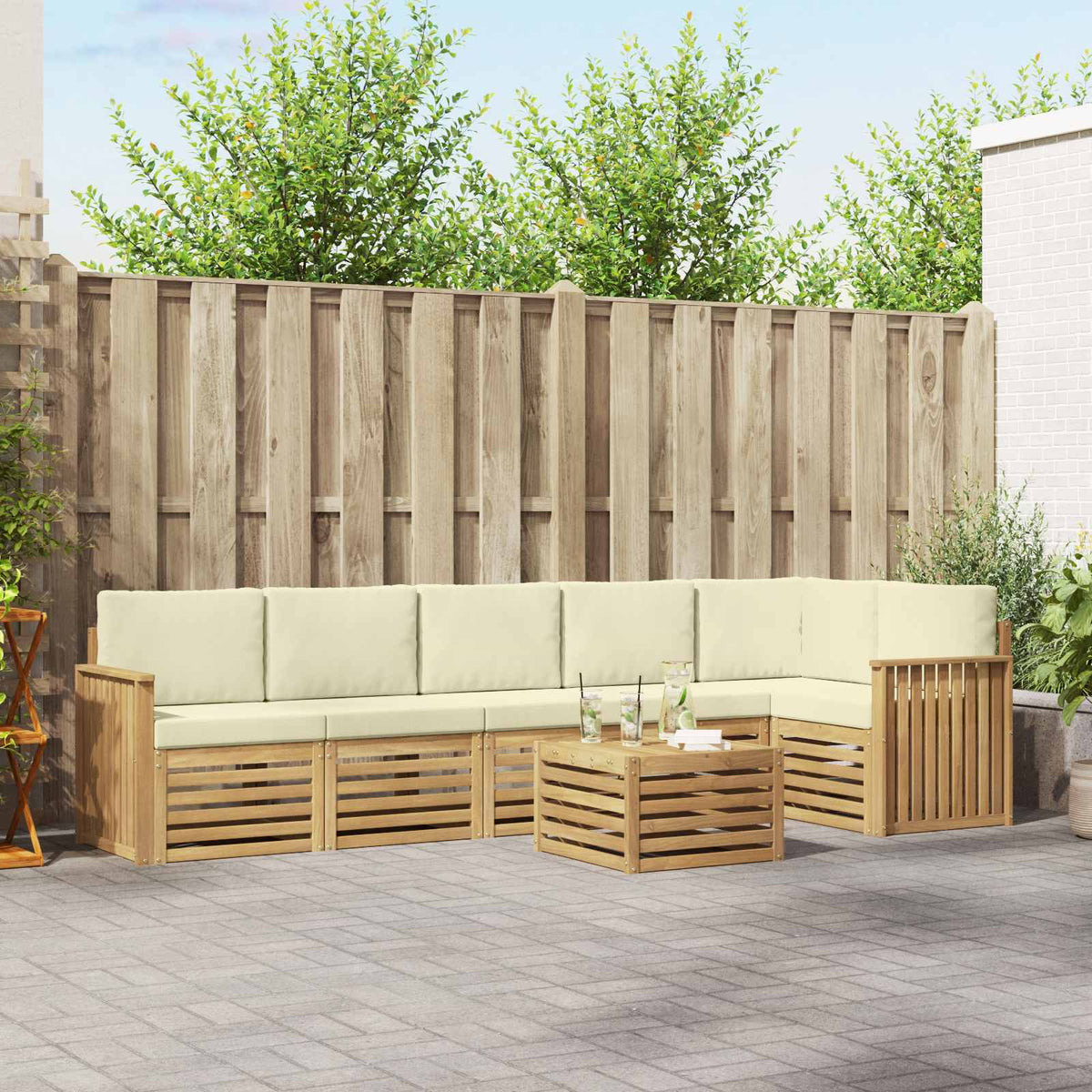 vidaXL Sofa-Sets 7 pcs Natuurlijk en Crème Massief Acaciahout