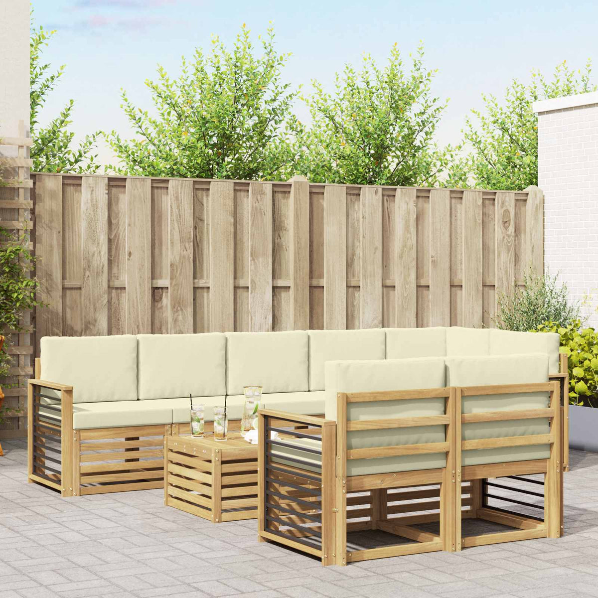 vidaXL Sofa-Sets 9 pcs Natuurlijk en Crème Massief Acaciahout