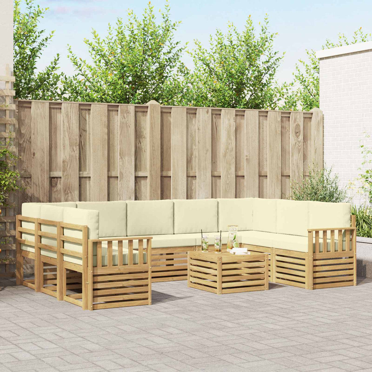 vidaXL Sofa-Sets 10 pcs Natuurlijk en Crème Massief Acaciahout