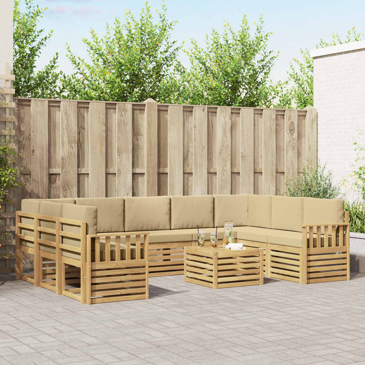 vidaXL Sofa-Sets 10 pcs Natuurlijk en Crème Massief Acaciahout