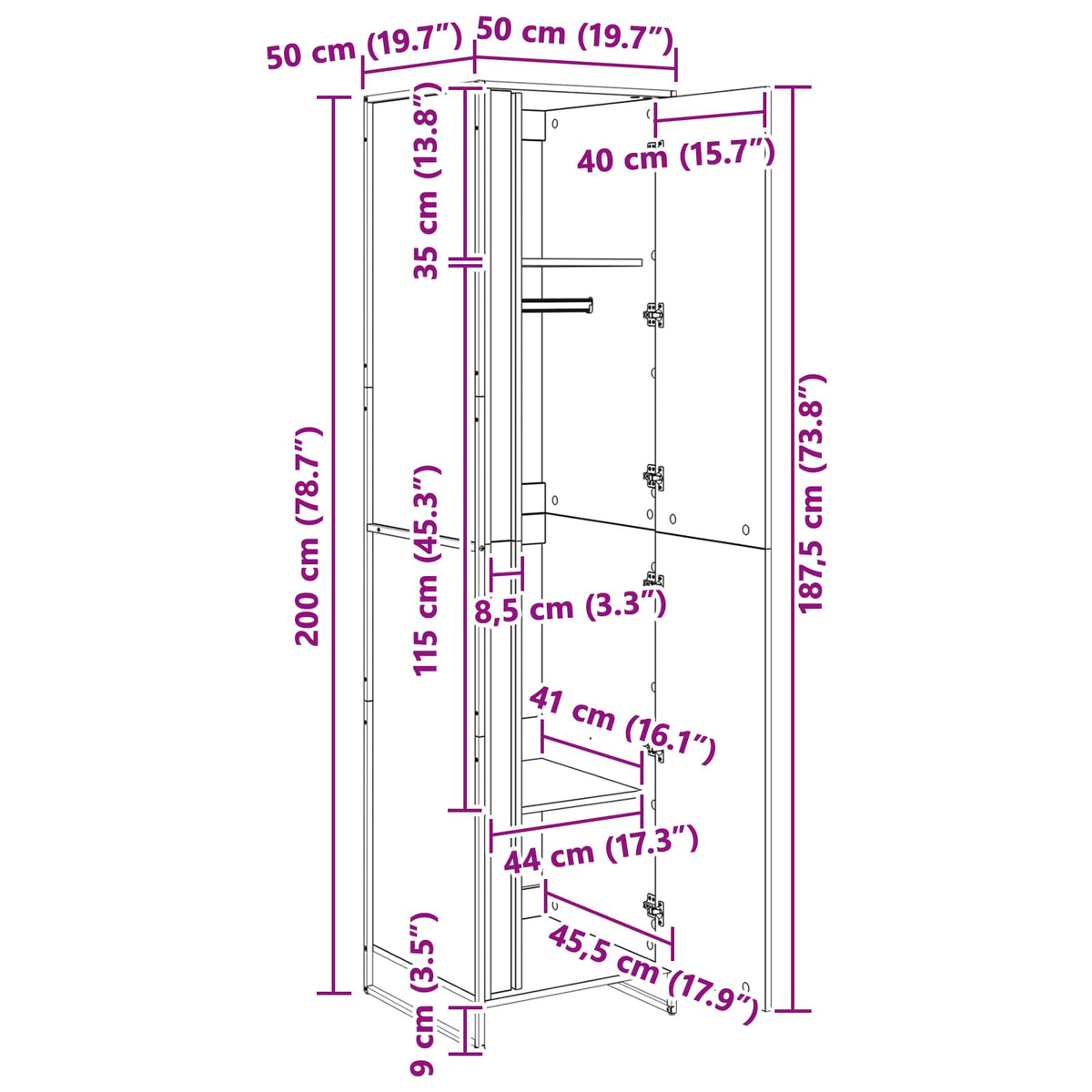 vidaXL Warderobe 2 pcs Zwart Eiken 50 x 50 x 200 cm Bewerkt hout