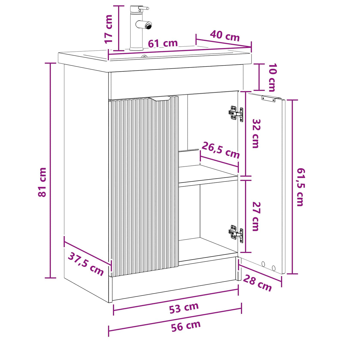 vidaXL Badkamermeubelset Wit 56 x 37,5 x 81 cm Bewerkt hout