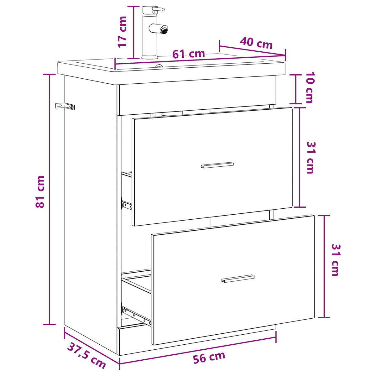 vidaXL Badkamermeubelset Wit 61 x 40 x 84,5 cm Bewerkt hout