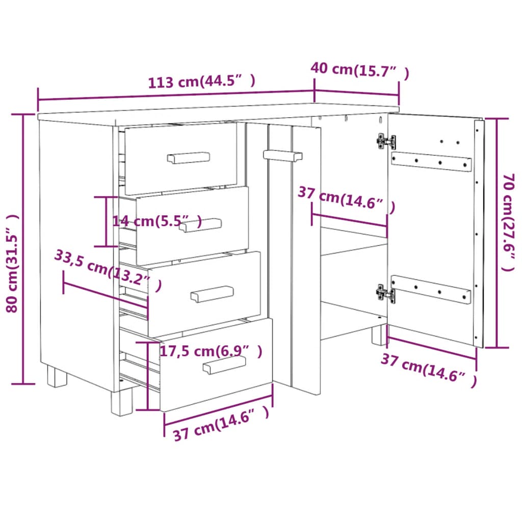 vidaXL Dressoir HAMAR 113x40x80 cm massief grenenhout donkergrijs - Aashly