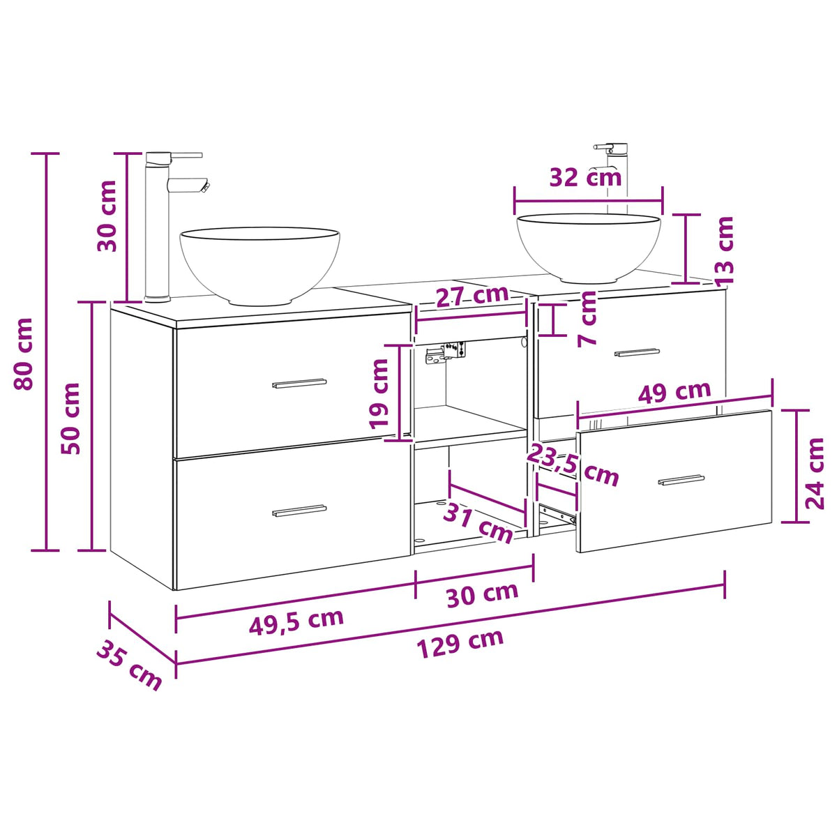 vidaXL Badkamerkastenset 3 st Wit 49,5 x 35 x 63 cm Bewerkt hout