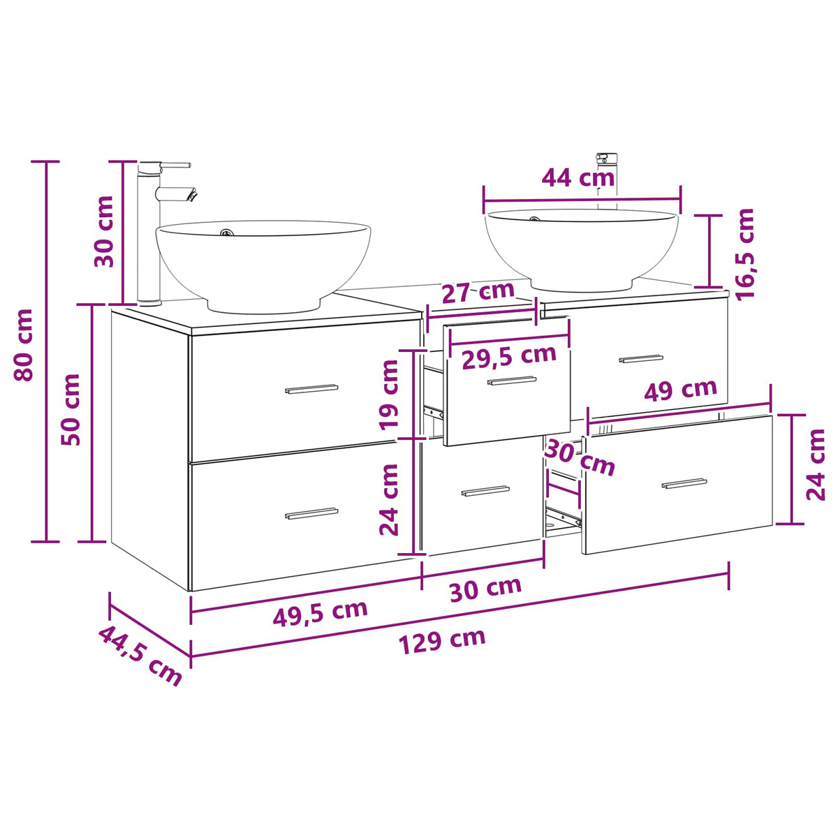 vidaXL Badkamermeubelset 3 st Wit 49,5 x 44,5 x 65 cm Bewerkt hout