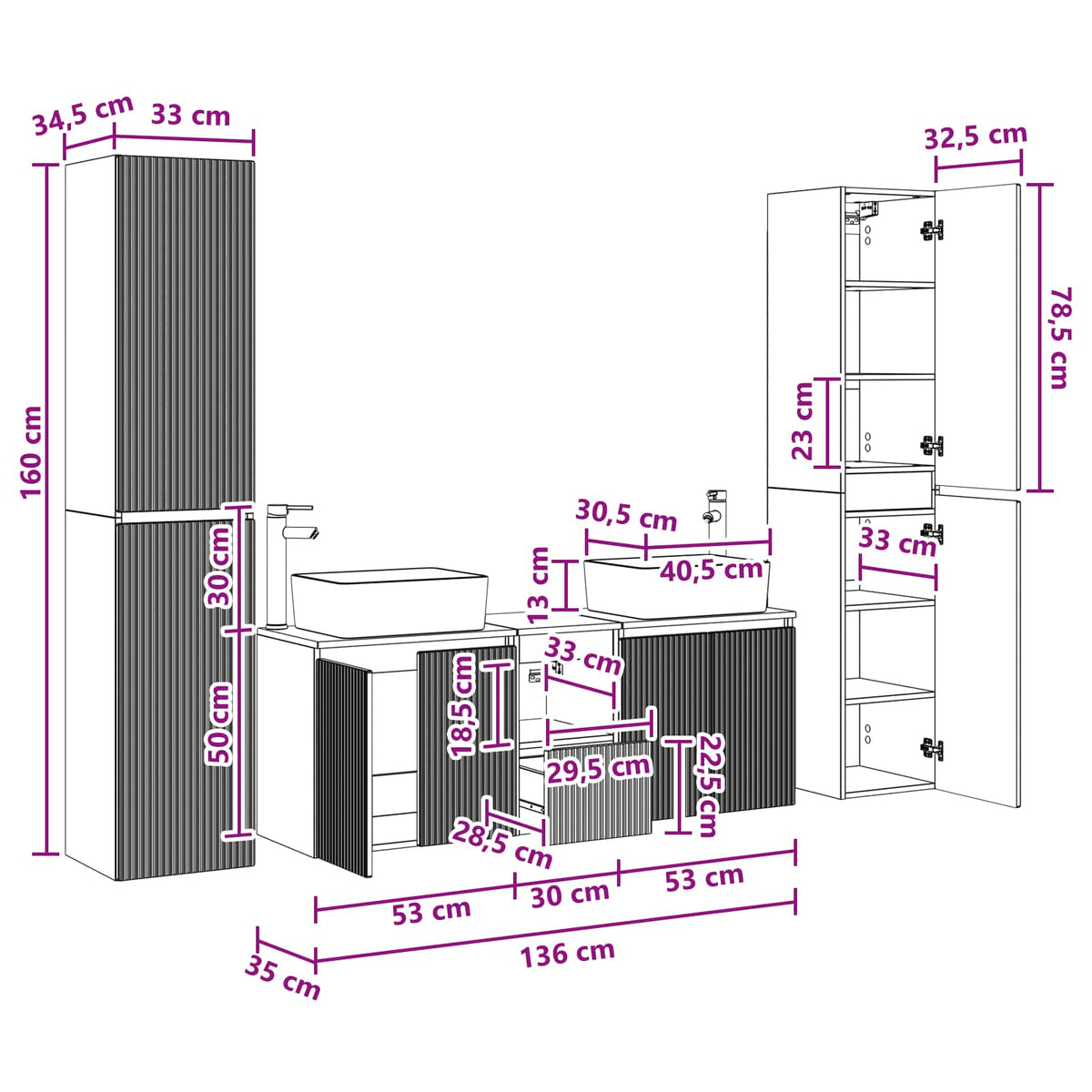 vidaXL Badkamermeubelset 5 st Wit 33 x 34,5 x 160 cm Bewerkt hout
