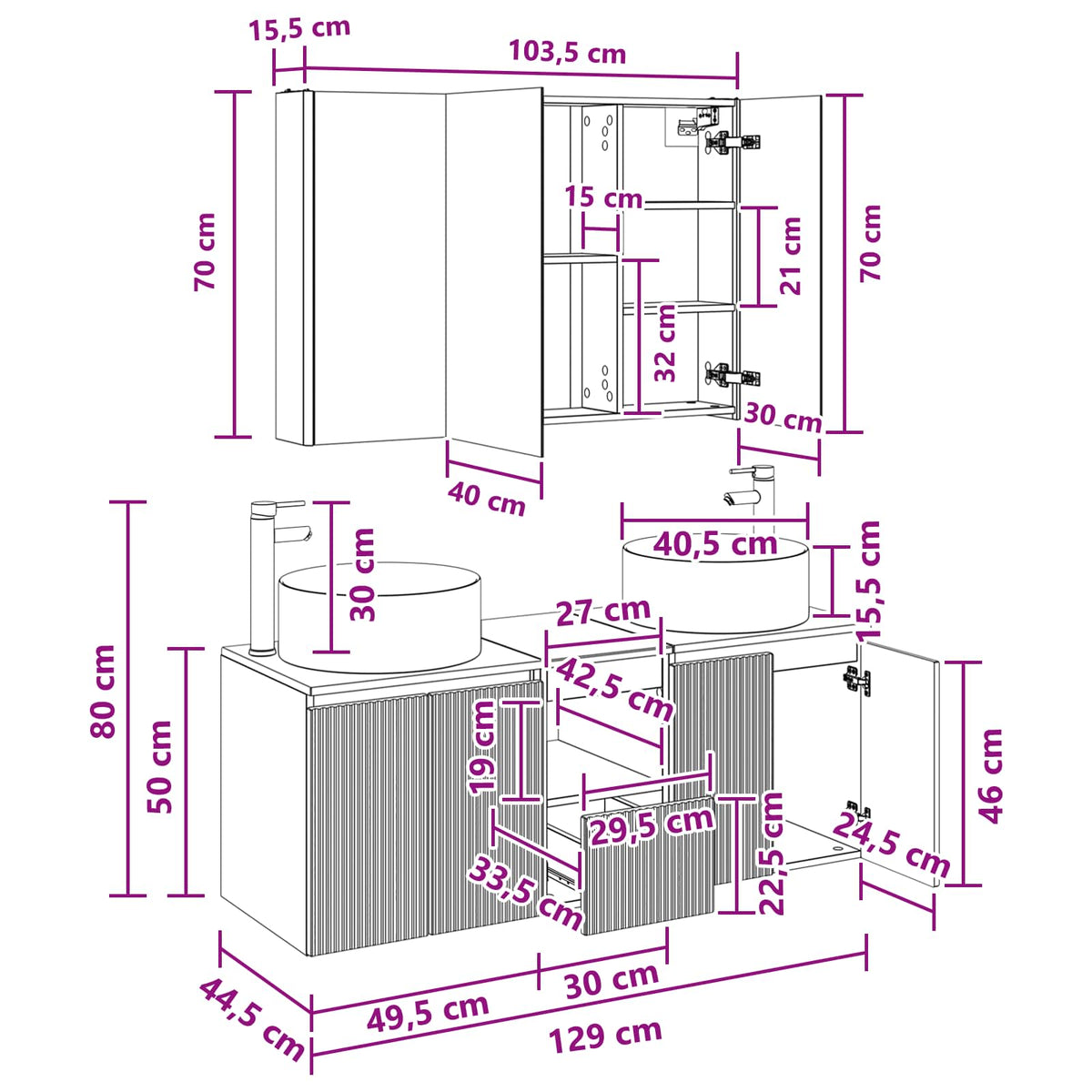 vidaXL Badkamerkastenset 4 pcs Wit 103,5 x 15,5 x 70 cm Bewerkt hout