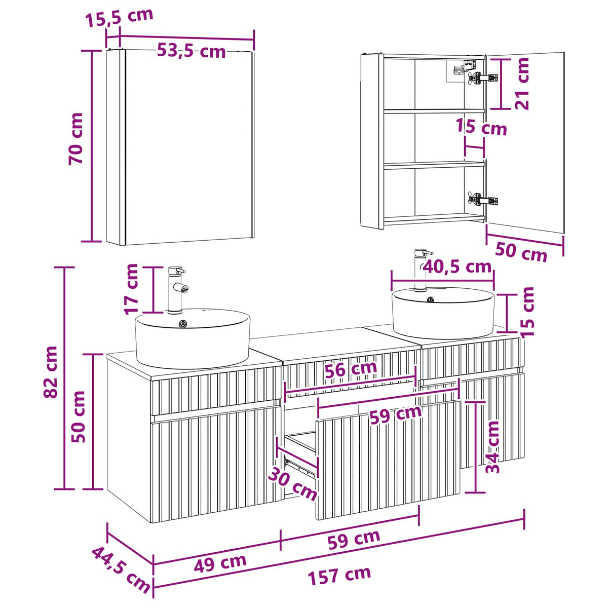 vidaXL Badkamerkastenset 5 pcs Wit 53 x 15,5 x 70 cm Bewerkt hout