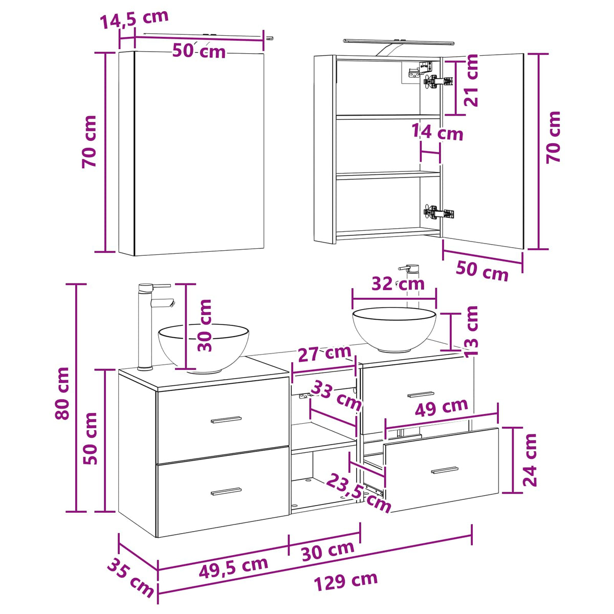 vidaXL Badkamerkastenset 5 pcs Wit 50 x 14,5 x 70 cm Bewerkt hout