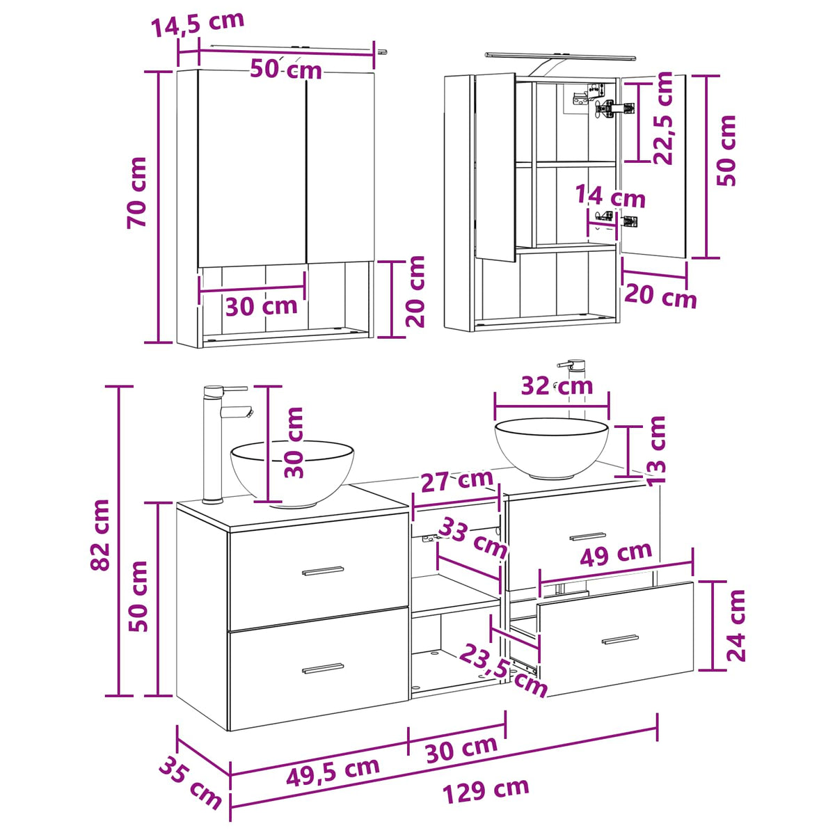 vidaXL Badkamerkastenset 5 pcs Wit 50 x 14,5 x 70 cm Bewerkt hout