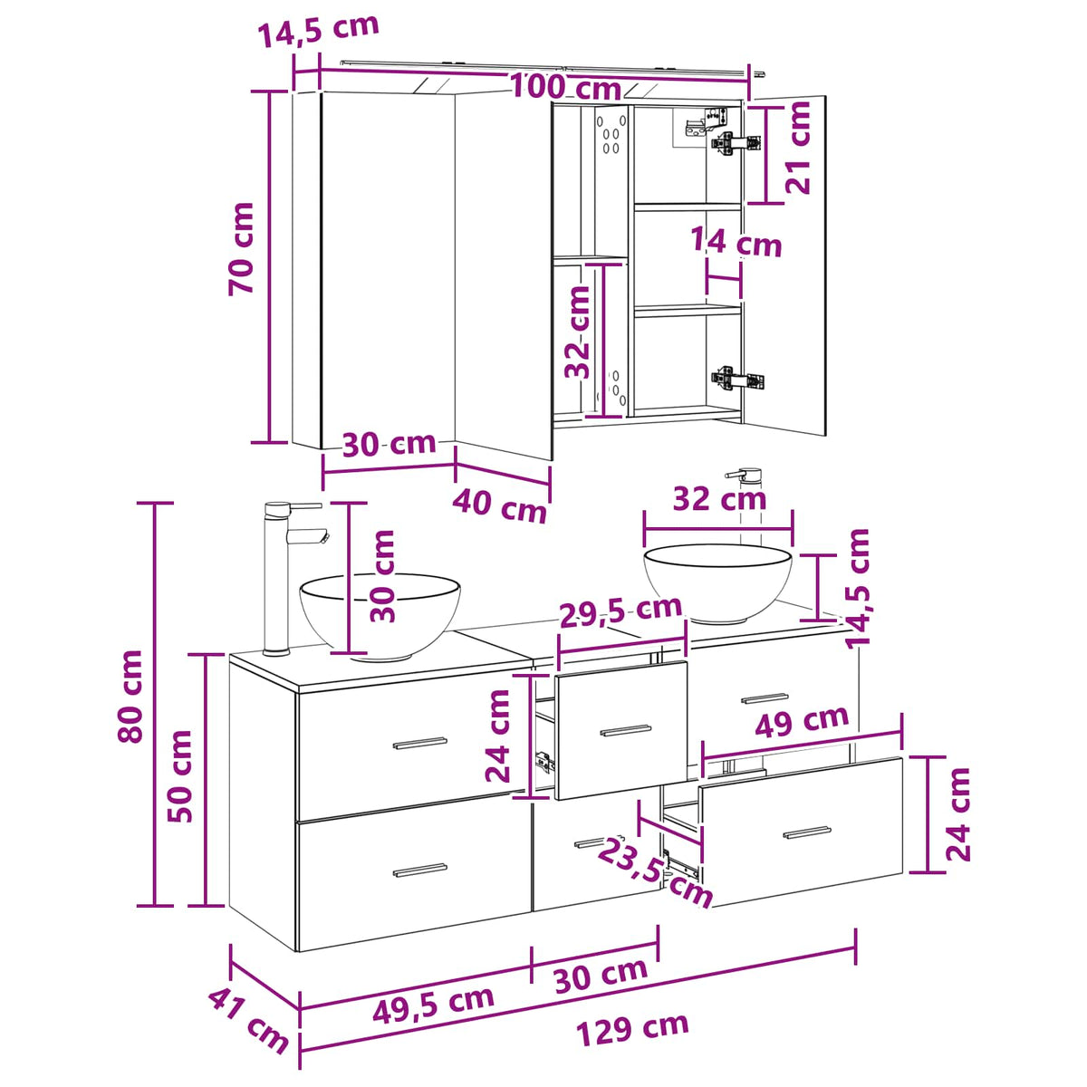 vidaXL Badkamermeubelset 4 pcs Wit Bewerkt hout en glas