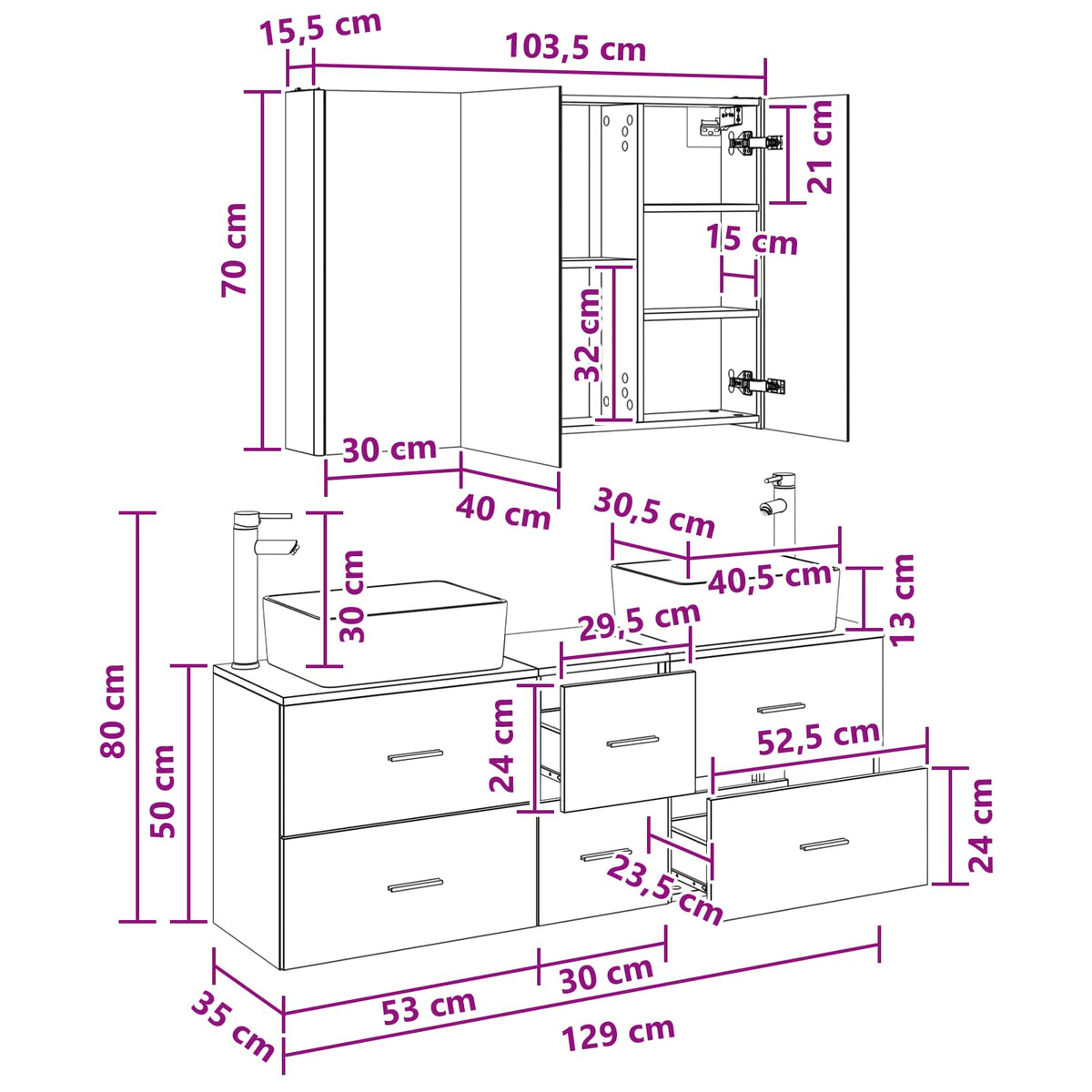 vidaXL Badkamermeubelset 4 pcs Wit Bewerkt hout en glas