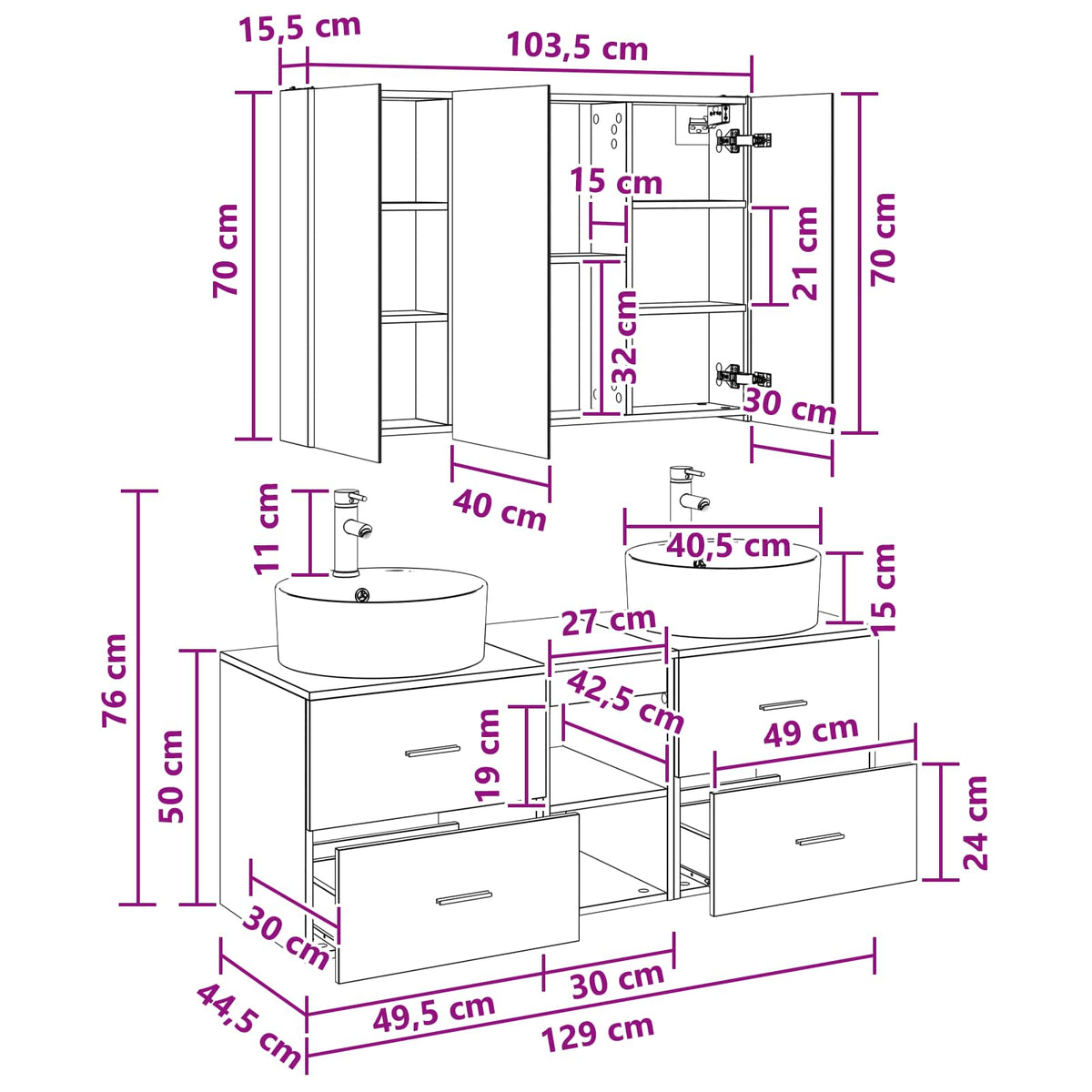 vidaXL Badkamermeubelset 4 pcs Wit Bewerkt hout en glas