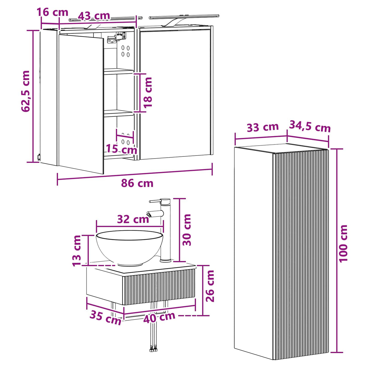 vidaXL Badkamerkastenset 4 pcs Wit 43 x 16 x 62,5 cm Bewerkt hout