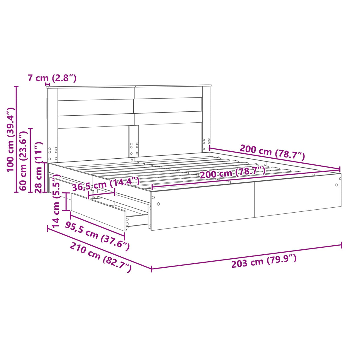 vidaXL Bedframe met lade met hoofdeinde Wit 200 x 200 cm Bewerkt hout