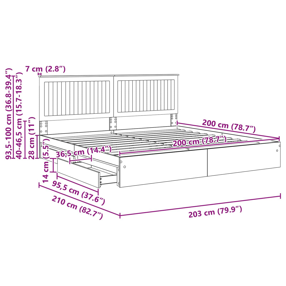 vidaXL Opslag bed met hoofdeinde Wit 200 x 200 cm Bewerkt hout