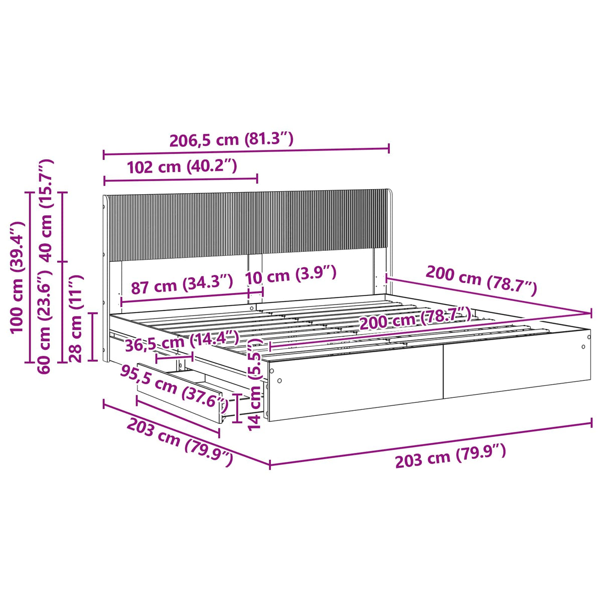 vidaXL Bedframe met opbergruimte en hoofdbord Wit 180 x 200 cm