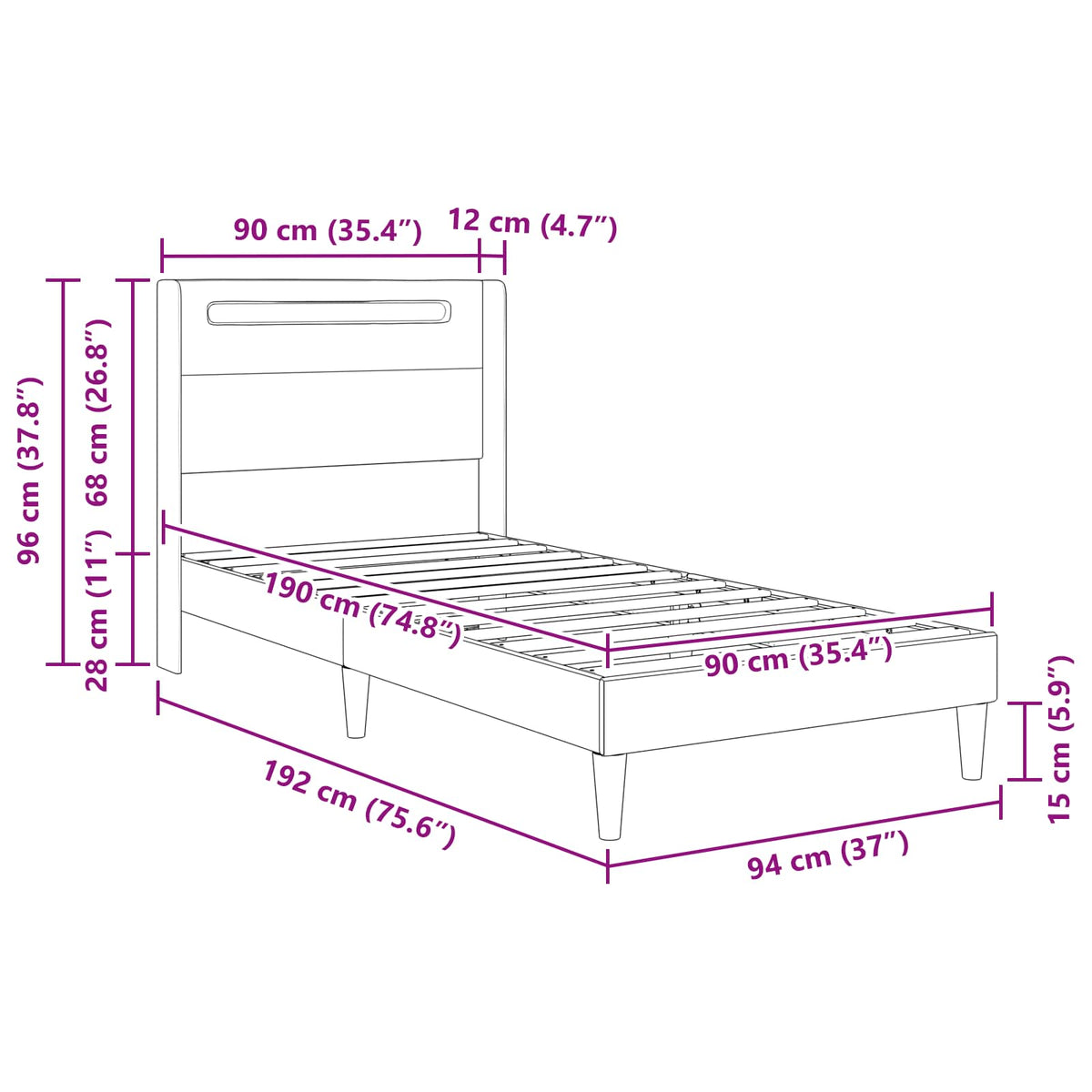 vidaXL Bedframe met LED-stripverlichting Zwart 90 x 190 cm Kunstleer