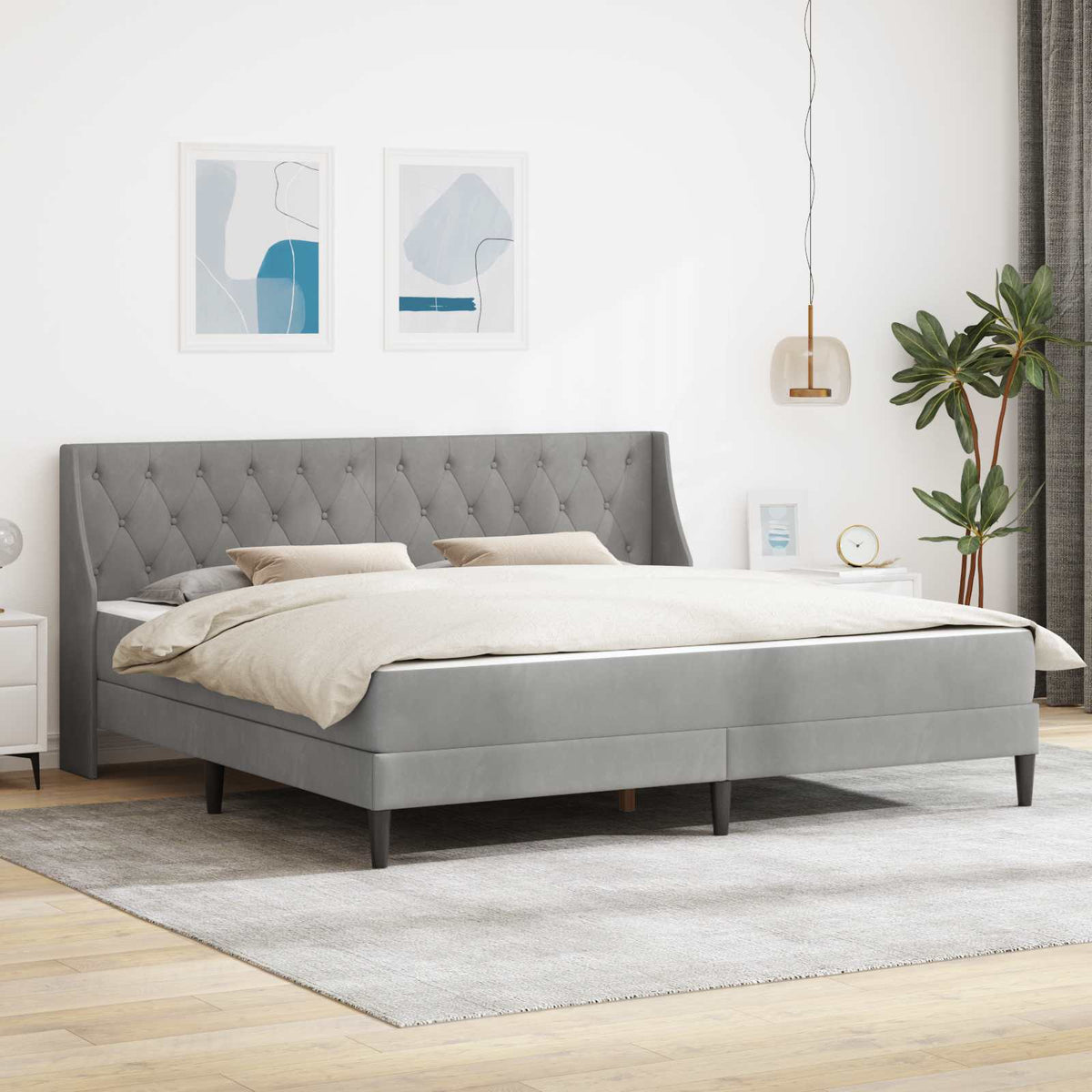 vidaXL Bedframe met matras Wandgemonteerd 2 pcs Lichtgrijs Fluweel