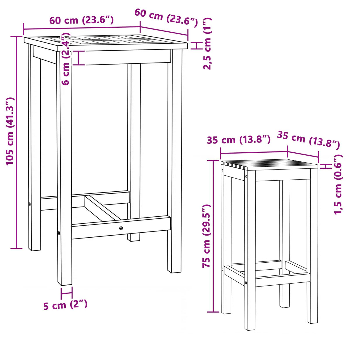 vidaXL Buitenbarset 3 pcs Onbehandeld Massief Teakhout